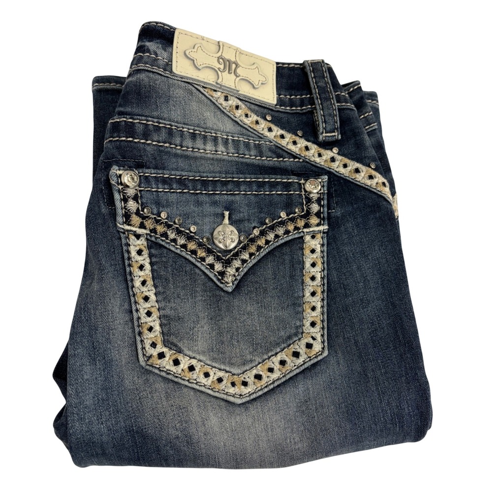 Miss Me Curvy Boot Jeans Womens 28 Blue Mid Rise Embellished Rhinestone Pockets - Picture 16 of 16